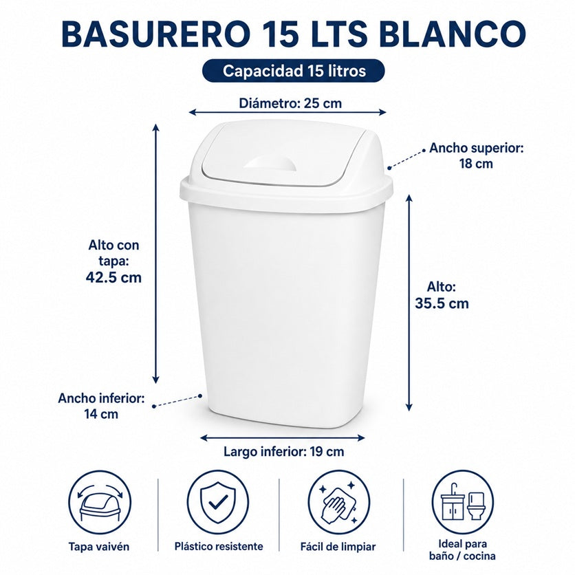 Basurero Plástico 15 L con Tapa Vaivén