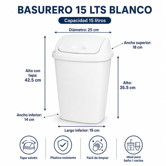 Basurero Plástico 15 L con Tapa Vaivén
