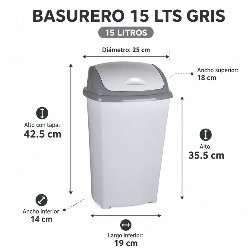 Basurero Plástico 15 L con Tapa Vaivén